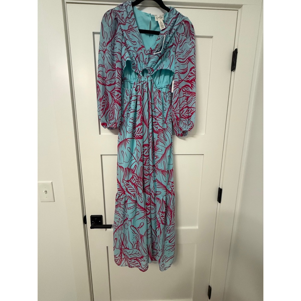 Jessica Simpson Blue Pink Tropical Cut Out O-Ring Maxi Dress Small NWT